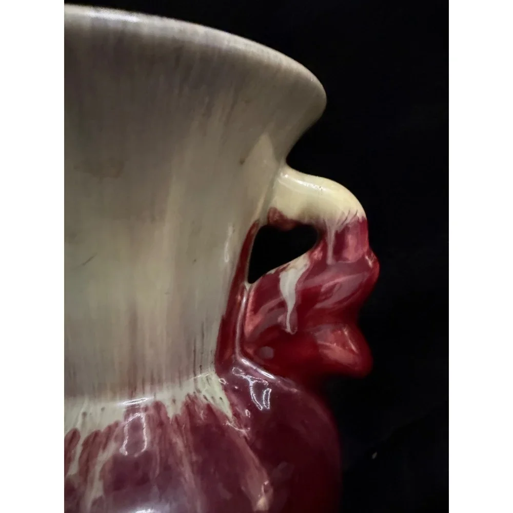 Vintage West German Pottery Drip Glaze Double Handled Vase Red Cream 8.5 Inch